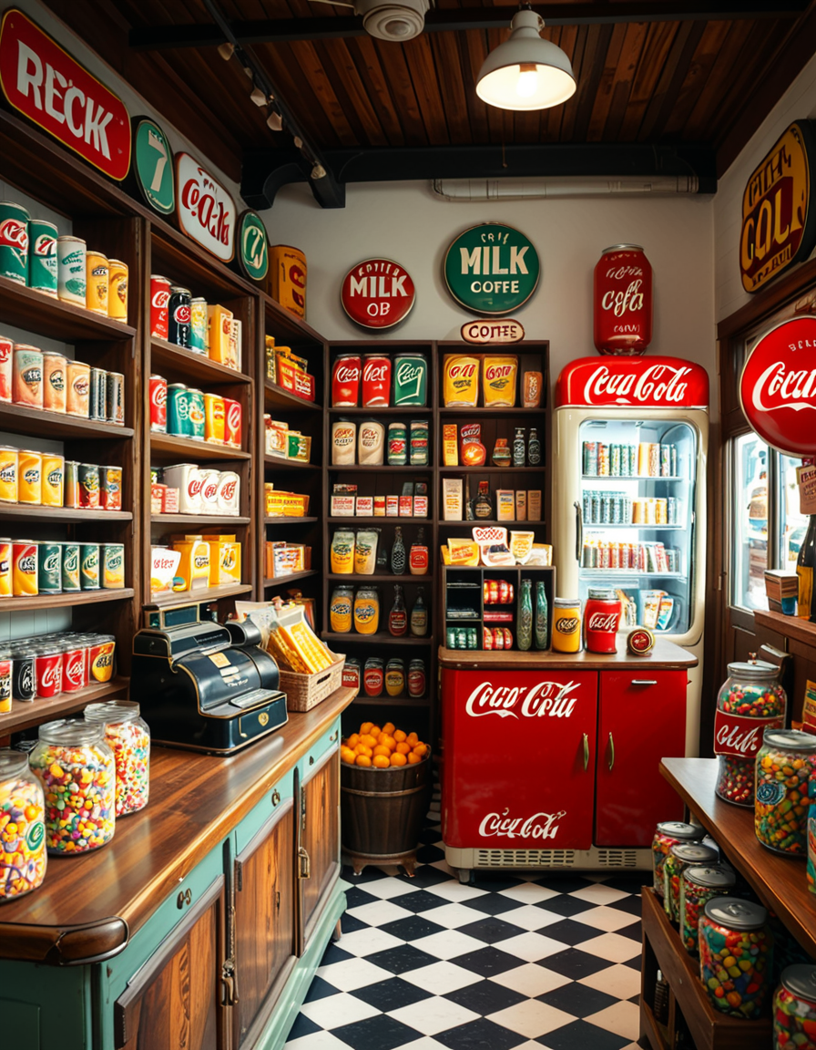 A vintage 1950s grocery store filled with nostalgic details. Wooden shelves neatly stocked with classic canned goods, glass soda bottles, and colorful retro packaging. An old-fashioned cash register sits on the wooden counter, next to a small scale for weighing produce. The checkered black-and-white tile floor adds to the mid-century charm, while hand-painted signs on the walls advertise milk, bread, and coffee in bold, retro fonts. A display of penny candy in glass jars sits near the entrance, and a vintage Coca-Cola refrigerator hums in the background. Soft, warm lighting casts a nostalgic glow over the scene, enhancing the rich textures of wood, glass, and metal, capturing the essence of a bygone era.
<lora:SDXLFaeTastic2400:0.4> <lora:extremely_detailed:0.4> extremely detailed
 <lora:1950s_grocery_st0r3:1>,1950s grocery st0r3, Masterpiece,best quality,hi res,8k,hi res,8k,award winning,(sharp focus, intricate, highly detailed),