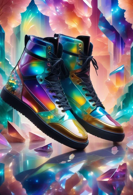 a pair of shoes made out of multicoloured Jed-Auquartz , full of details, 8k wallpaper