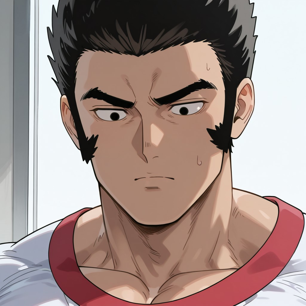 score_9, score_8_up, score_7_up, Musashi, solo, male focus, tall, muscular, buff physique, pectorals, short spiky black hair, thick eyebrows, black eyes, strong jawline, athletic build, white gym shirt with red trim, red gym shorts with white stripe along the sides, white long socks, white gym shoes, close up, face shot, portrait,