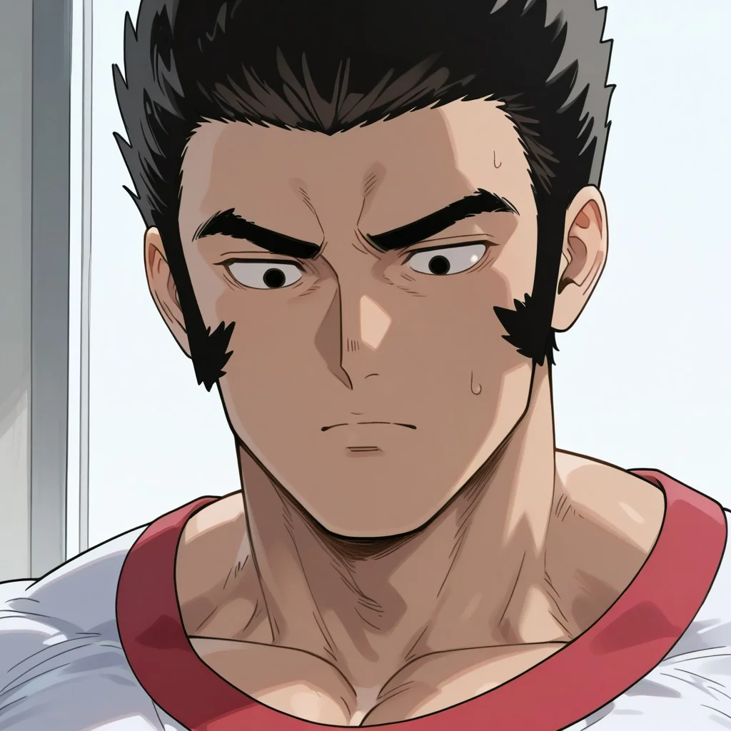 score_9, score_8_up, score_7_up, Musashi, solo, male focus, tall, muscular, buff physique, pectorals, short spiky black hair, thick eyebrows, black eyes, strong jawline, athletic build, white gym shirt with red trim, red gym shorts with white stripe along the sides, white long socks, white gym shoes, close up, face shot, portrait,