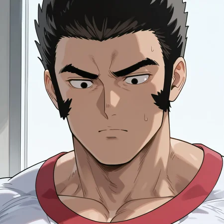 score_9, score_8_up, score_7_up, Musashi, solo, male focus, tall, muscular, buff physique, pectorals, short spiky black hair, thick eyebrows, black eyes, strong jawline, athletic build, white gym shirt with red trim, red gym shorts with white stripe along the sides, white long socks, white gym shoes, close up, face shot, portrait,