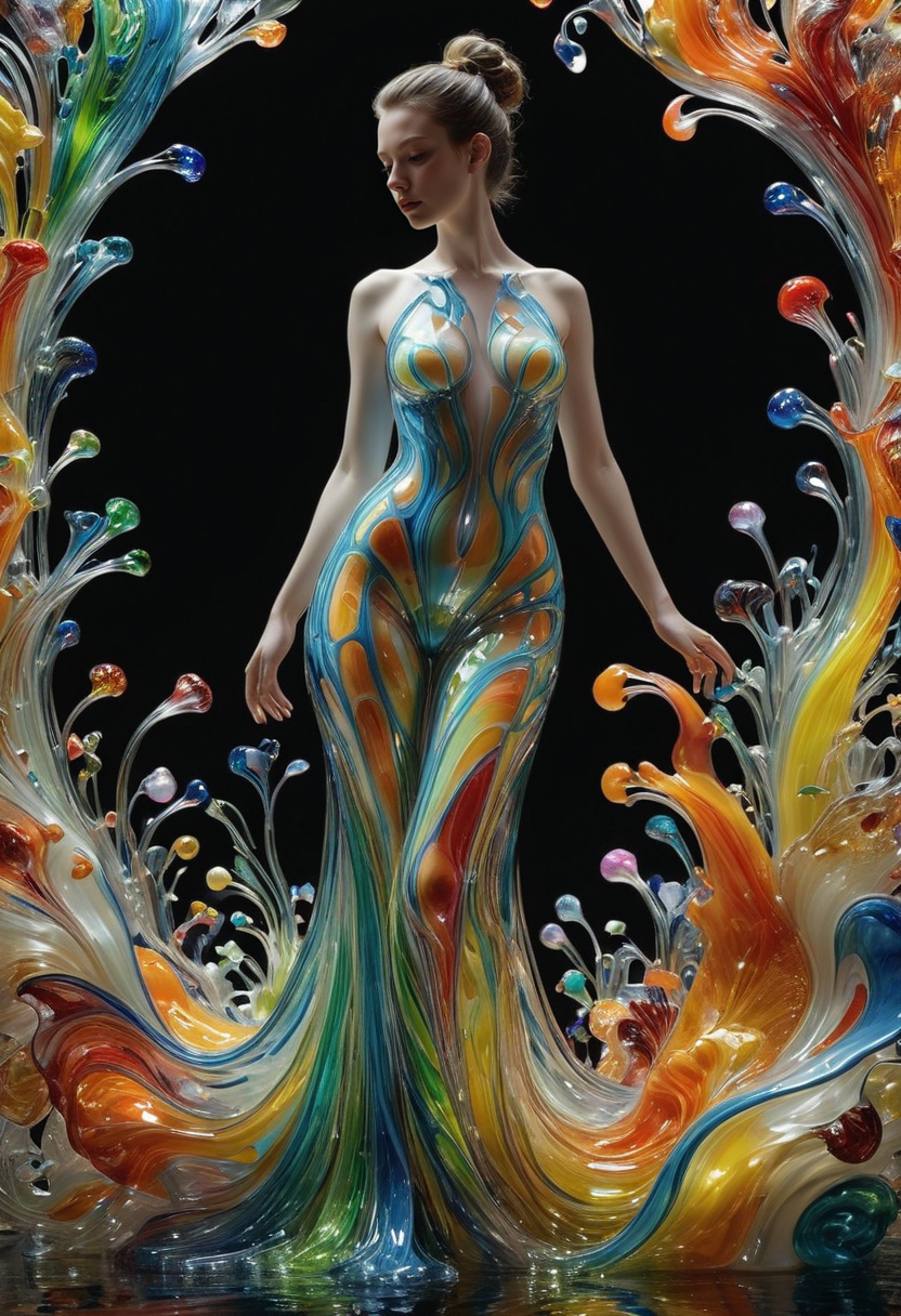 made out of,colorful,liquid,Murano Art glass,

Within a labyrinthine network of data streams, a digital entity takes form. Her body, a cascade of liquid Murano glass, shimmers with neon data flows. Imagine a gown or a bodysuit – something sleek and form-fitting. Backlighting illuminates the intricate patterns of light and glass, creating an ethereal yet powerful presence.