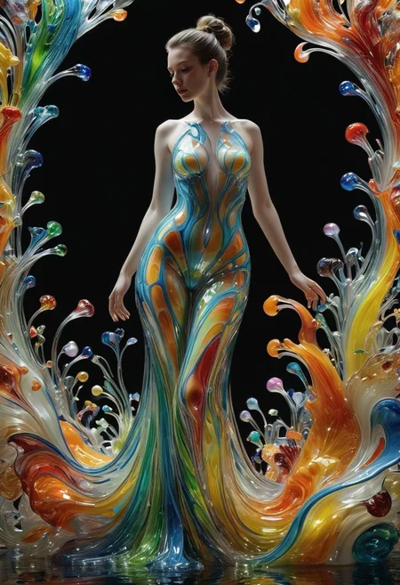 made out of,colorful,liquid,Murano Art glass,
Within a labyrinthine network of data streams, a digital entity takes form. Her body, a cascade of liquid Murano glass, shimmers with neon data flows. Imagine a gown or a bodysuit – something sleek and form-fitting. Backlighting illuminates the intricate patterns of light and glass, creating an ethereal yet powerful presence.