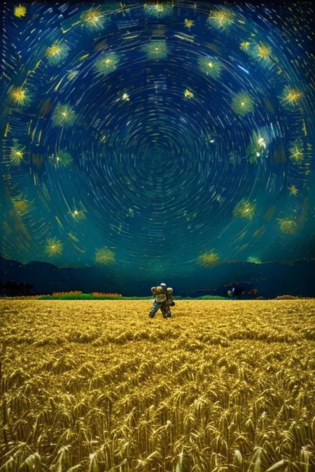 An astronaut in a golden wheat field at night, looking up at a starry night (in the style of Vincent van Gogh)