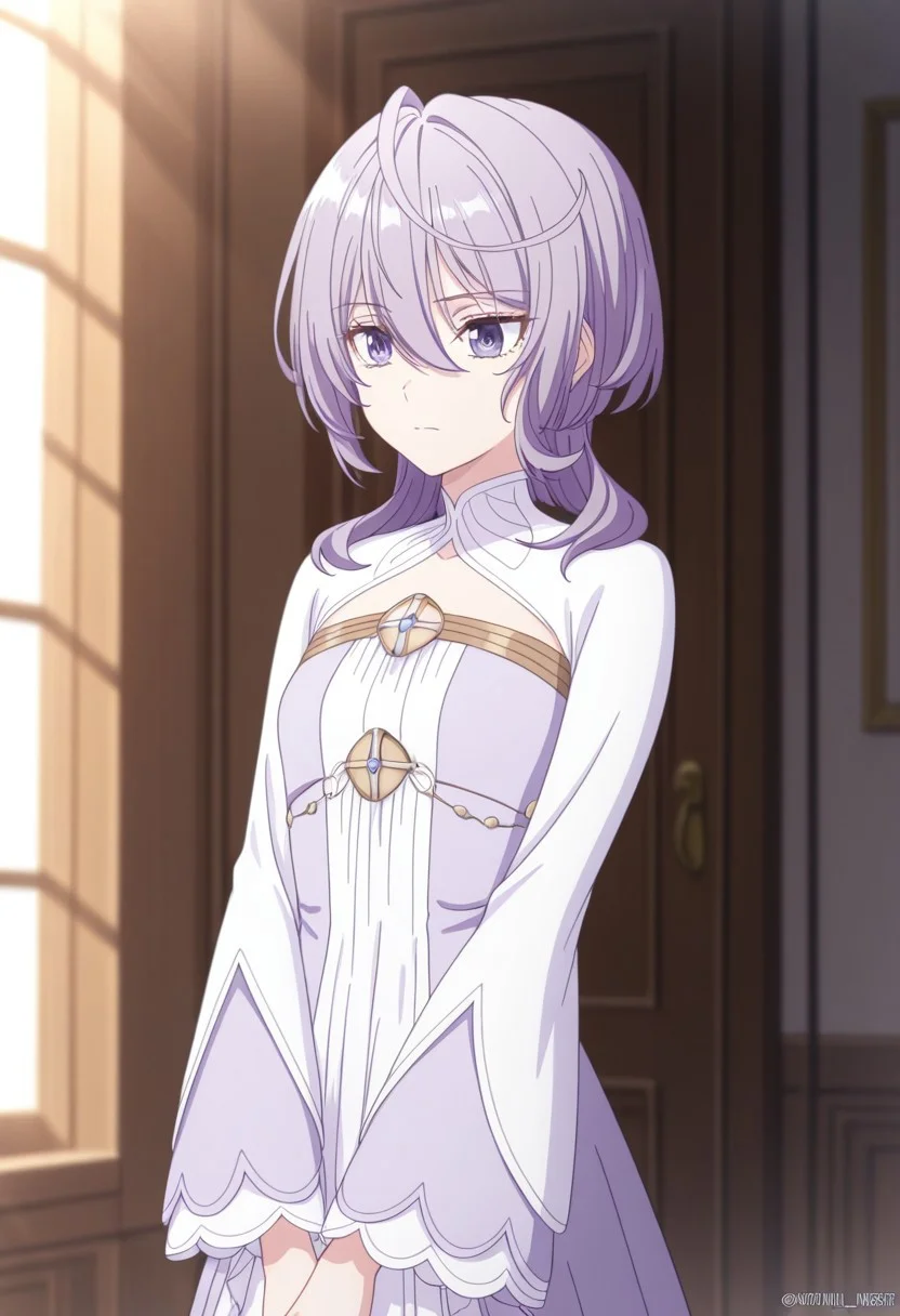 philia adenauer, purple hair, ahoge, long hair, blunt bangs, hair over shoulder, hair between eyes, purple eyes, small breasts, closed mouth, serious face, dress, two-tone dress, purple dress, white dress, sidelocks, long sleeves, white shoes, depth of field, soft lighting, dynamic light, masterpiece, best quality, amazing quality, newest, absurdres, highres, high detailed