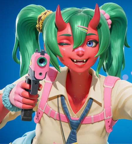 high quality, masterpiece, intricate details, absuredres, (wink, fangs, smile, :d, holding, handgun, aiming, portrait, depth of field, bokeh, blue background, solid background:1.5), fortnite_nemia, 1girl, solo, green hair, twintails, ponytail, long hair, bangs, hair between eyes, hair over one eye, ears, horns, oni horns, single horn, red skin, pink skin, blue eyes, parted lips, bandaid, bandaid on nose, bandaid on thighs, breasts, shirt, school uniform, necktie, plaid skirt, thighhighs, socks, loose socks, boots, jewelry, earrings, bracelet, charm, belt, gloves, fingerless gloves, knee pads, leg warmers, collarbone, solo, colored skin, hair ornament, hairclip, scrunchie, holster, striped necktie, clothes around waist, oni, plaid, charm (object), blue necktie, sweater around waist, animal print, heart, shoes, star (symbol), thigh holster, (female focus, female_focus, sweating, sweat:1.4), <lora:Fortnite_Nemia_Demonically_Cute_Set_ILXL_E41_16_DIM:1>, <lora:dmd2_sdxl_4step_lora:1>