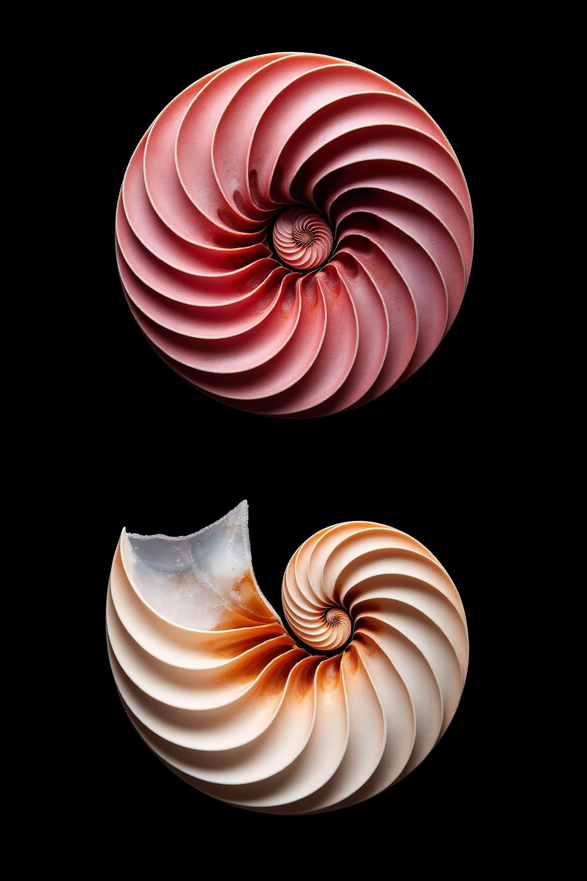 , YFG-Ge0m this image captures two bisected nautilus shells against a stark, dark backdrop, showcasing their intricate logarithmic spiral patterns and contrasting color palettes. the top shell displays a gradient from light pink to deep red, with clearly defined chambers and a smooth, porcelain-like texture, while the bottom shell transitions from white to a warm, peachy tone, exhibiting a softer, more ethereal effect with subtle variations in surface quality. both shells are positioned vertically with a slight overlap, creating a balanced and harmonious composition that emphasizes their three-dimensional forms and detailed spiral structures. the even, diffused lighting highlights the subtle color and texture variations, while the dark background isolates the shells, making them the central focus and evoking a sense of natural beauty and mathematical precision.