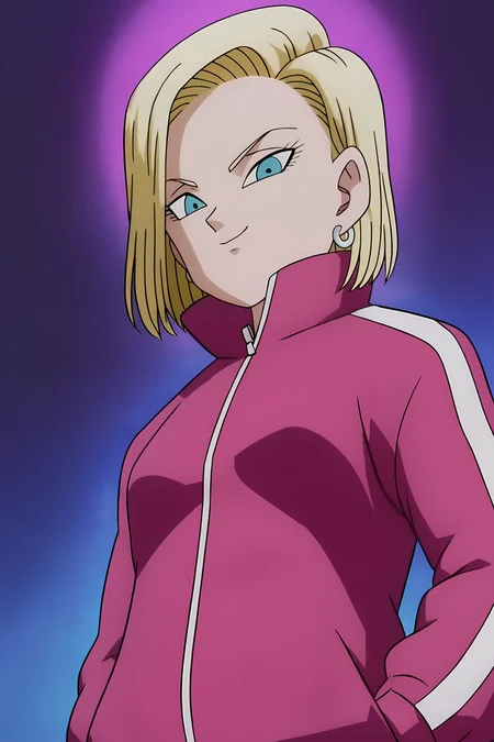 source_anime, score_9, score_8_up, score_7_up, anime screencap, high quality,
android 18, dragon ball super, official style, 1girl, solo, looking at viewer, smile, short hair, blue eyes, blonde hair, upper body, track jacket, hands in pockets, pink jacket, aura, collar up, collarbone, arm at side, from below, looking down at viewer, two tone jacket, long sleeves, zipper, silver earring
<lora:c18_pony:0.8>