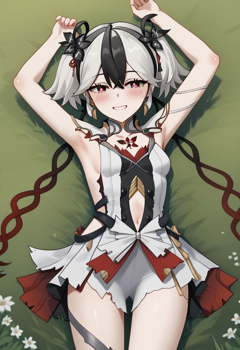 1girl, solo, blush, black hair, hair ornament, dress, navel, short twintails, jewelry, flower, white hair, multicolored hair, small breasts, lying, on back, armpits, slate eyes, red pupils, diamond-shaped pupils, submissive pose, Camellya, tacet mark \(wuthering waves\), laying in grass, smile