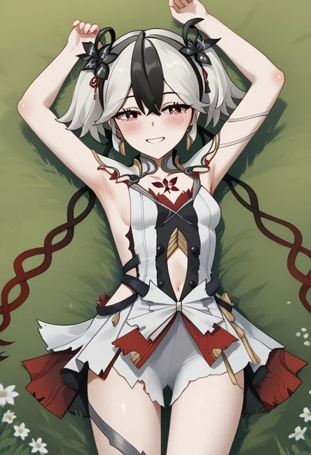 1girl, solo, blush, black hair, hair ornament, dress, navel, short twintails, jewelry, flower, white hair, multicolored hair, small breasts, lying, on back, armpits, slate eyes, red pupils, diamond-shaped pupils, submissive pose, Camellya, tacet mark \(wuthering waves\), laying in grass, smile