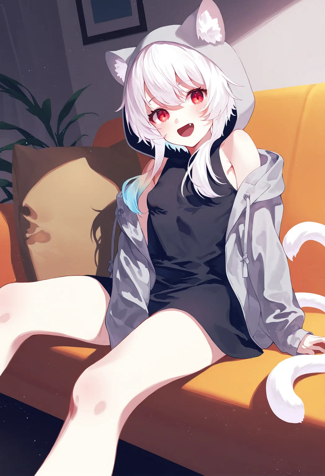 1girl, original,
:d, animal ears, between legs, black dress, breasts, cat ears, cat girl, cat tail, dress, gradient hair, grey hoodie, hand between legs, hood, hood up, hoodie, long sleeves, looking at viewer, multicolored hair, open clothes, open hoodie, open mouth, red eyes, short dress, short hair with long locks, sitting, sleeveless, sleeveless dress, small breasts, smile, tail, white hair, animal ear fluff, ._., drawstring, solo, fang,
.
best quality, very aesthetic, absurdres
<lora:fajyoborefornoob:0.95>