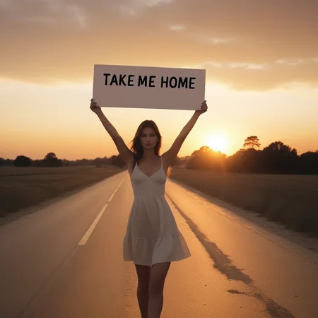 supermodel in sunset holding a sign with text:"take me home" <lora:text:1>