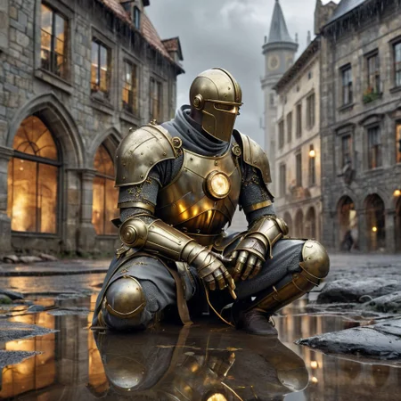 Masterpiece, DonMSt34mPXL, Realistic Lightning, Cinematic Lightning, Dark Lightning, Rain, Puddle, Clouded Sky, medieval, fantasy, pedestrians, Cape, Reflection.
((((broken, sitting, brass Clockwork Soldier, with human like face and holding a broken sword) leaning against (abandoned gray stone building))) in a (medieval city)). Highly detailed clockwork soldier. (Unfocused medieval pedestrians in background). fandist background.