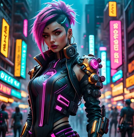 RAW photo, (masterpiece:1.3), subsurface scattering, heavy shadow, (high quality:1.4), (intricate, high detail:1.2), professional photography, HDR, High Dynamic Range, realistic, ultra realistic, photorealistic, high resolution, film photography, ambient lighting, atmospheric effects, <lora:detail_slider_v4:2>, OverallDetail, <lora:CyberChar:1>, 1girl, asymmetrical hair, bare shoulders, black hair, black pants, blonde hair, blurry background, cropped jacket, cyberpunk, cychar, dark skin, earrings, eyelashes, hand on hip, holster, jacket, jewelry, lips, lipstick, long hair, medium breasts, neon lights, orange eyes, outdoors, phone, piercing, pink nails, ponytail, purple hair, science fiction, short hair, short shorts, solo, tassel earrings, tracer \(overwatch\), undercut, upper body, web address, epiCPhoto