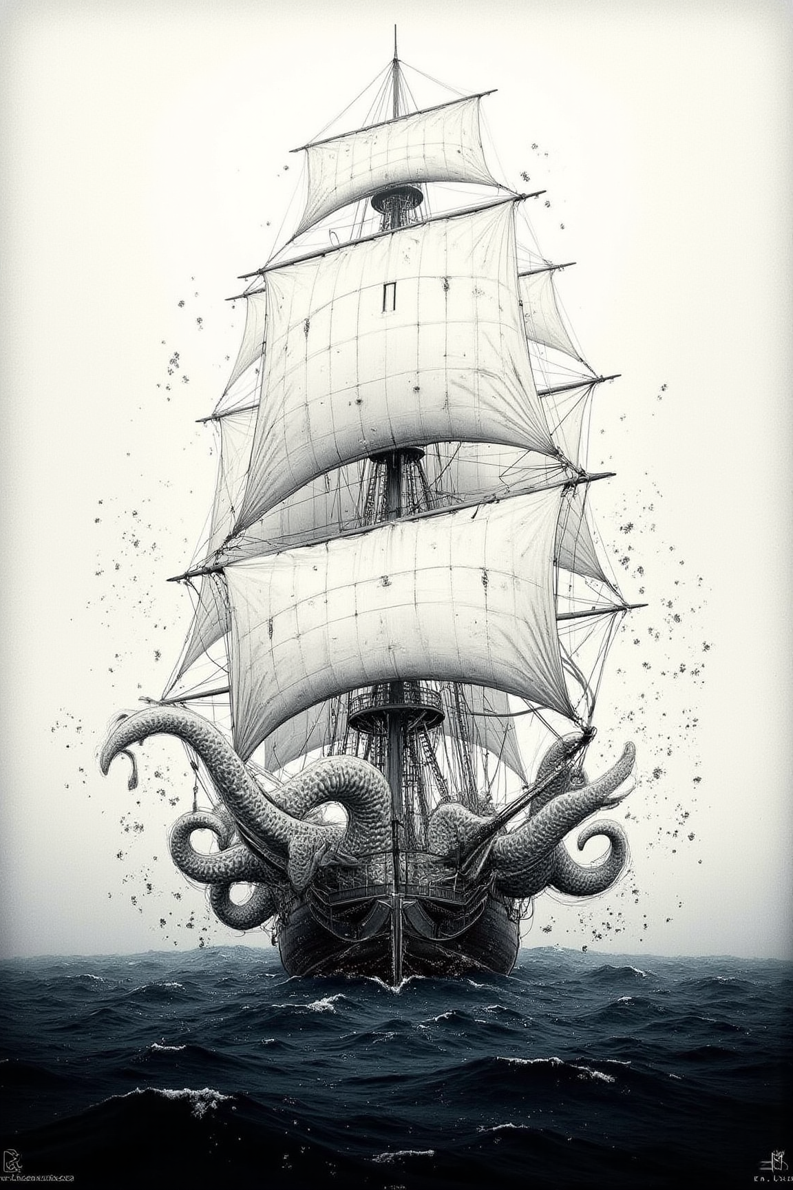 VintageSketch style, YFG-Zaat, Dark digital art of a sailboat in heavy sea, surreal and abstract, Kraken tentacles coming out of water, attacking ship, eerie atmosphere, thick fogBauhaus-Style Poster, by Antony Gormley, (tilted horizon, Terragen but extremely beautiful:1.4), (intricate details, masterpiece, best quality:1.4), Pencil Sketch Drawing, black and white drawing, pencil sketch, graphite drawing, looking at viewer. simple geometric shapes, clean lines, primary colors, Bauhaus-Style Poster.