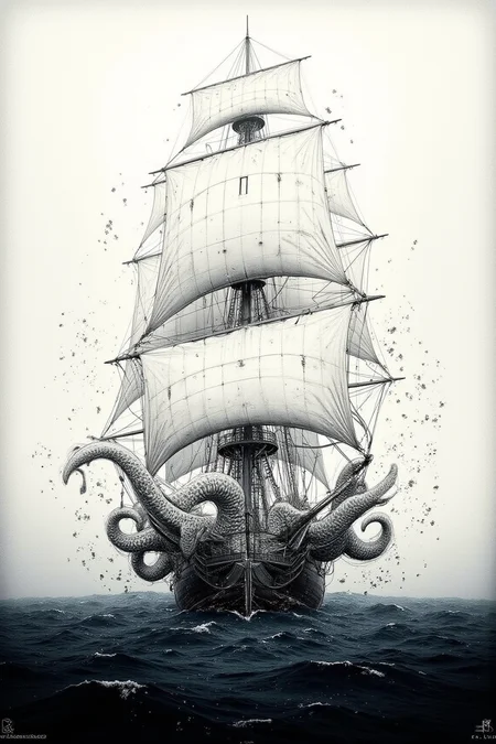 VintageSketch style, YFG-Zaat, Dark digital art of a sailboat in heavy sea, surreal and abstract, Kraken tentacles coming out of water, attacking ship, eerie atmosphere, thick fogBauhaus-Style Poster, by Antony Gormley, (tilted horizon, Terragen but extremely beautiful:1.4), (intricate details, masterpiece, best quality:1.4), Pencil Sketch Drawing, black and white drawing, pencil sketch, graphite drawing, looking at viewer. simple geometric shapes, clean lines, primary colors, Bauhaus-Style Poster.