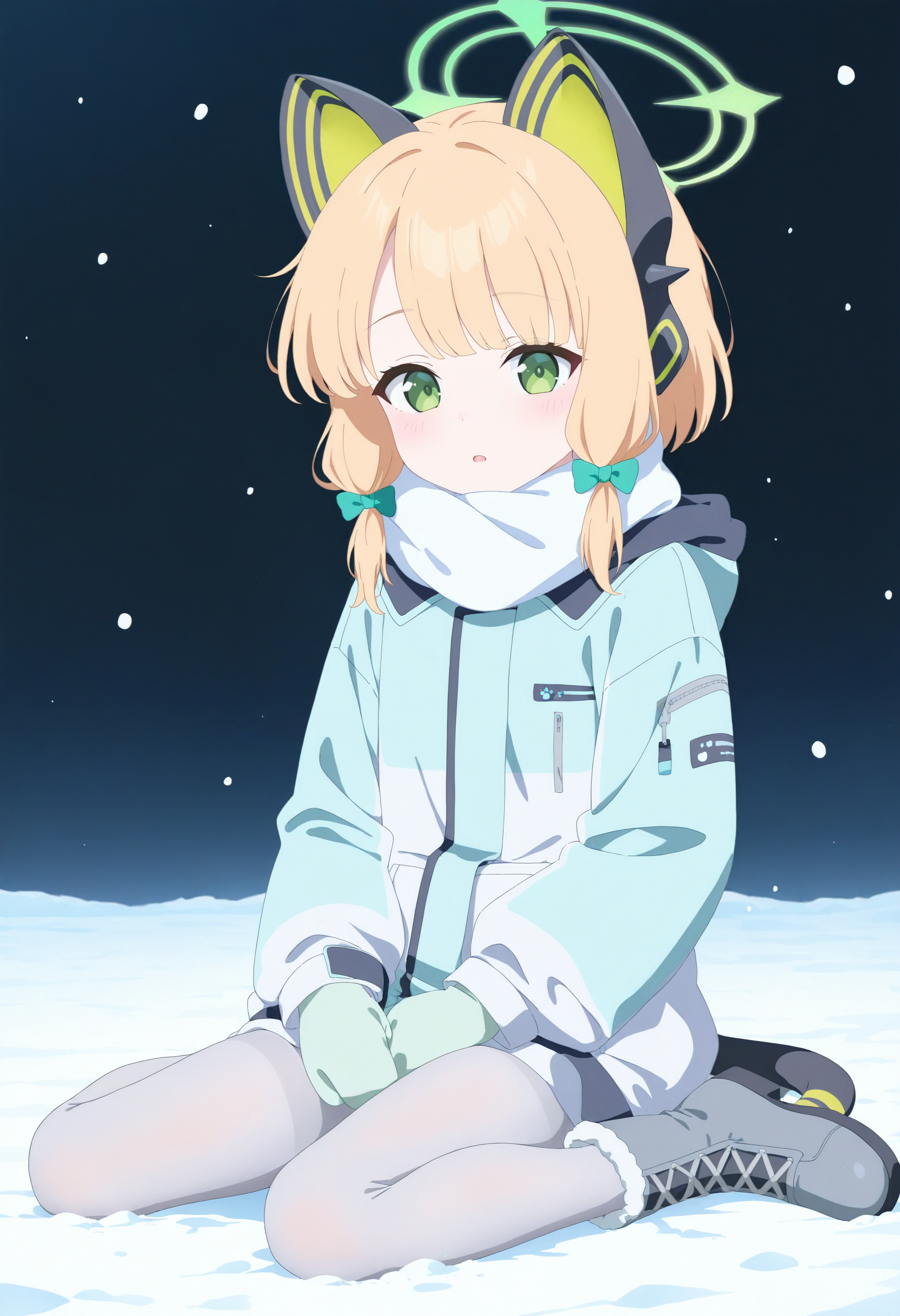1girl, midori \(winter\) \(blue archive\), midori \(blue archive\), blue archive, best quality, anime coloring,
BREAK
winter clothes, white scarf, hooded coat, aqua coat, green mittens, light grey pantyhose, tail, fur-trimmed footwear, lace-up boots, grey footwear, black background, winter, snow, wariza
 <lora:[ILNAI-vpred10]ba-momoi-midori-winter-v1:1>