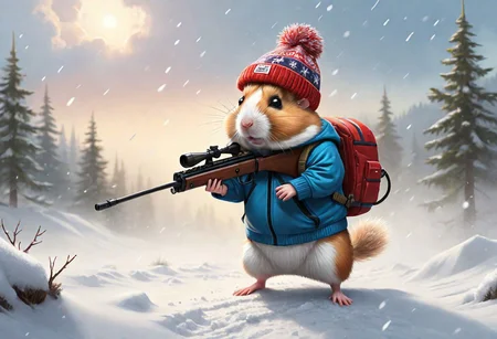a complex illustration of a mighty  cloudy Jungar hamster (He is engaged in biathlon), with a rifle behind his back, in a knitted hat, dressed in a tracksuit, winter, snow, snowflakes falling towards the viewer, trees and snow, in a huge cloud of dust, plump, hyperrealistic scene, heavy rain, detailed focus, art by Aaron Jasinski, epic fantasy scene, bright colors, Enchanted masterpiece, Fantasycore, Award-Winning, Masterpiece, contrasting, faded, <laura:Devastation:0.5>