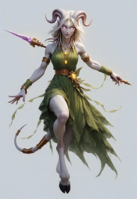(absurdres, highres, best quality, masterpiece:1.4), 
score_9, score_8_up, score_7_up, score_6_up, 
detailed, 
detailed body, 
detailed face, 

(culDraenei, 
female, 
purple eyes, 
no sclera, 
no pupils, 
athletic, 
tall, 
slim, 
pale skin,
grey skin, 
long ears),

loose long green dress,  
yellow pendant, 
sleeveless, 
halberd, 

cheerful, 
(((full body))), 
posing, 
floating, 

(((white background, plain background))), 
(((no objects in background)))