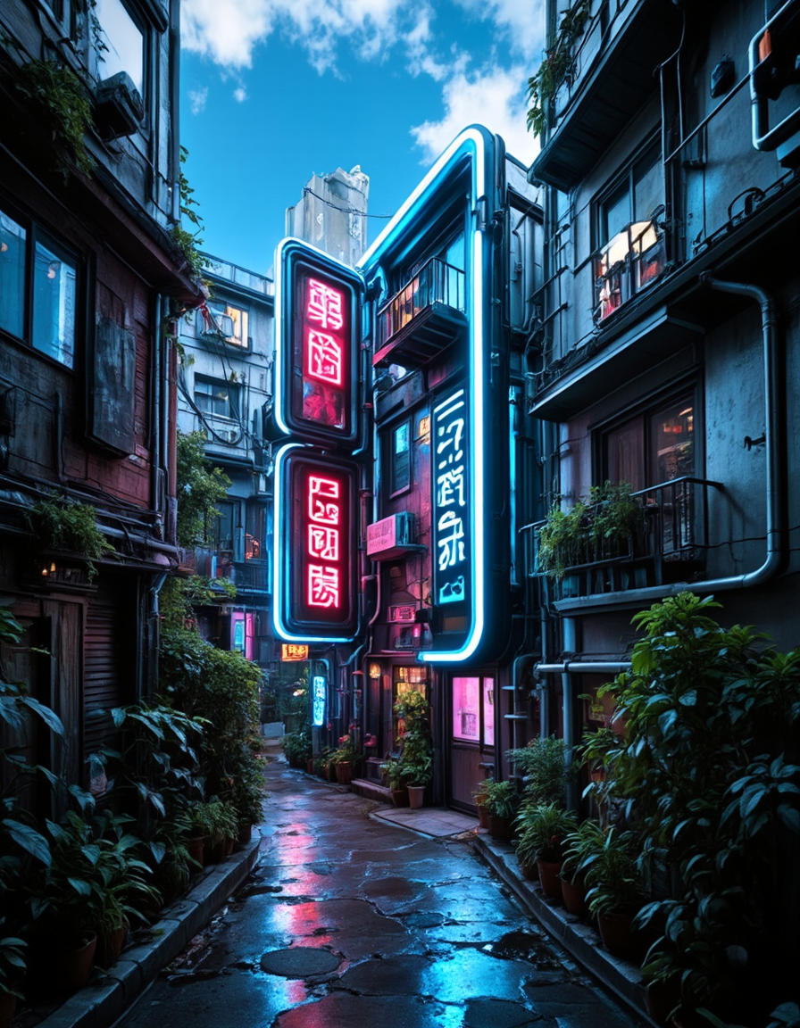 <lora:CWMinis01v2flux:1> cw01mini, cyberpunk, narrow street, cyberpunk apartment, glowing kanji, glow, illuminated, day, neons, tubes on walls, photo, trees, vegetation, blue sky, clouds,