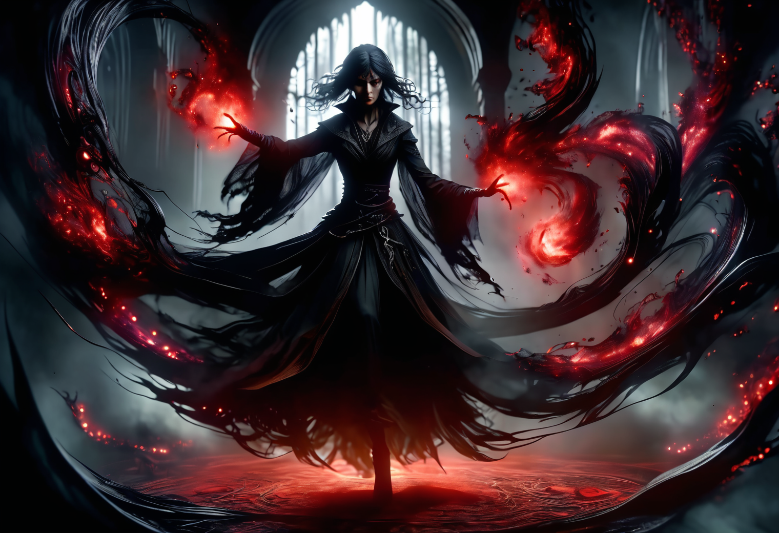 hyper detailed masterpiece, dynamic, awesome quality,female caster casting dark magic amorphous shadow, deeper and darker than night, absorbing light and hope, red eyes flicker within, sinister grace, leaving a feeling of unease and dread DonMM4g1cXL <lora:DonMM4g1cXL_v1.2:1>