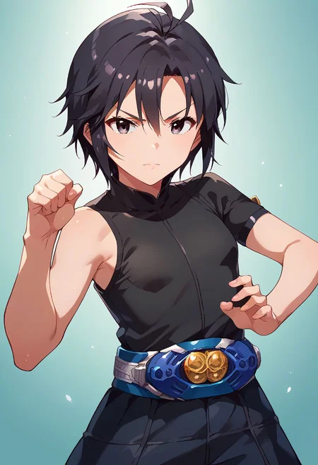 score_9, score_8_up, score_7_up, source_anime,
kkcmkt, short hair, black hair, antenna hair, hair between eyes, black eyes, flat chest, small breasts, rider belt, henshin pose