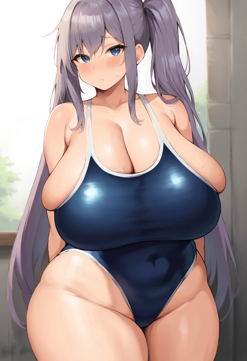 score_9, score_7_up,  1girl, 
huge breasts, wide hips, thick thighs, one-piece swimsuit, sweatdrop, standing, highleg swimsuit, very long hair, groin, highleg, thighs, breasts, blue one-piece swimsuit, collarbone, taut clothes, parted bangs, straight-on, hair between eyes, swimsuit, school swimsuit, blue eyes, side ponytail, looking at viewer, blush, arms behind back, taut swimsuit, closed mouth, covered navel, cleavage, long hair, purple hair, solo, old school swimsuit, curvy, alternate hairstyle, cowboy shot, alternate costume
 <lora:neneneji-Style-PonyXL-GLoRA-v1.1-000038:1>