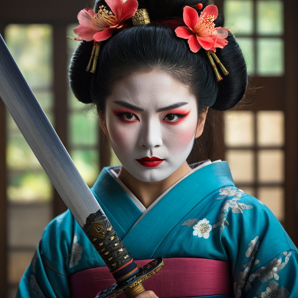 Hyperrealistic art of  <lora:Cinematic Hollywood Film v2:1> perfect eyes, colorful, vivid, balanced tone
Epic Creative Scene a geisha woman with a sword in her hand Cinematic Hollywood Film Style, Extremely high-resolution details, photographic, realism pushed to extreme, fine texture, incredibly lifelike
