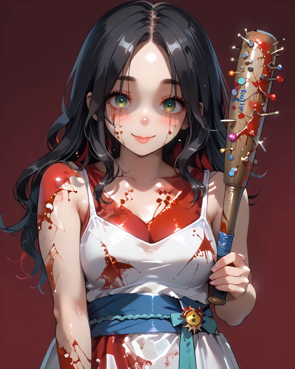 PonyScores7, source_anime, ah1, BREAK 1girl, (curly hair), long hair, (black hair:1.3), mature female, (parted hair:1.7), (round face:1.2), (fringe:-0.5), (bangs:-0.5), (hair between eyes:-0.5),  (thick eyebrows), (curvy), round-chin, (greenish hazel eyes), caucasian, (downturned eyes:1.2), (plump face), <lora:ETO_OCPonyXL:0.5> eto_oc, skindentation, (plump), thick thighs, wide hips, busty, voluptuous, kinky curls, lips, <lora:venus body PonyXL:0.4>, (<lora:yandere_Pony_v1:0.8> yandere, (shaded face), (empty eyes), head tilt, crazy smile), (two lovers, having lingering gazes, couple, 1boy, duo, pair), (Pedestrians navigate through busy streets surrounded by shops and cafes,), looking at viewer, (<lora:carrie bloody dress:0.8> blood on face, blood on clothes, blood on dress, blood tainted, blood splatter, white dress, long dress, sleeveless, tiara, collarbone, sash), BREAK <lora:xl_more_art-full_v1:0.2>, <lora:shinyskin2:0.2> glistening skin, <lora:aesthetic_anime_v1s:0.2>, <lora:Expressive_H:0.2> Expressiveh, <lora:hairdetailpxl:0.2> hairdetailpxl, <lora:EpicF4nta5yXL:0.2>, <lora:detailxl:0.2> detailxl, <lora:Fant5yP0ny:0.2>, best quality, amazing quality, best aesthetic, absurdres, <lora:expressive eyes:0.2> expressive eyes, <lora:eyedetailpxl:0.2> eyedetailpxl, illustration, Volumetric_Lighting, ultra-detailed, very aesthetic, intricate details, 8k, masterpiece, best_quality, BREAK (High Angle view Extreme Close shot), BREAK <lora:Eyes_High_Definition:0.3> EyesHD, Stable_Yogis_PDXL_Positives, AS-Adult, <lora:Complicated fantasy portrait - XL Pony V2.0:0.4>, bad-hands-5,  <lora:blood bath-GMR:0.8> Blood Bath,  <lora:BloodLoraPony:0.8> Blood, many blood, pool of blood, blood stains, stained with blood, <lora:spiked_bat_pony:0.8> spiked bat, holding bat