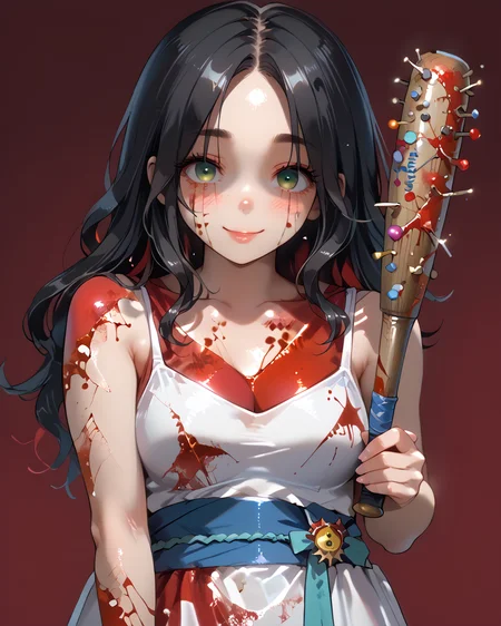 PonyScores7, source_anime, ah1, BREAK 1girl, (curly hair), long hair, (black hair:1.3), mature female, (parted hair:1.7), (round face:1.2), (fringe:-0.5), (bangs:-0.5), (hair between eyes:-0.5),  (thick eyebrows), (curvy), round-chin, (greenish hazel eyes), caucasian, (downturned eyes:1.2), (plump face), <lora:ETO_OCPonyXL:0.5> eto_oc, skindentation, (plump), thick thighs, wide hips, busty, voluptuous, kinky curls, lips, <lora:venus body PonyXL:0.4>, (<lora:yandere_Pony_v1:0.8> yandere, (shaded face), (empty eyes), head tilt, crazy smile), (two lovers, having lingering gazes, couple, 1boy, duo, pair), (Pedestrians navigate through busy streets surrounded by shops and cafes,), looking at viewer, (<lora:carrie bloody dress:0.8> blood on face, blood on clothes, blood on dress, blood tainted, blood splatter, white dress, long dress, sleeveless, tiara, collarbone, sash), BREAK <lora:xl_more_art-full_v1:0.2>, <lora:shinyskin2:0.2> glistening skin, <lora:aesthetic_anime_v1s:0.2>, <lora:Expressive_H:0.2> Expressiveh, <lora:hairdetailpxl:0.2> hairdetailpxl, <lora:EpicF4nta5yXL:0.2>, <lora:detailxl:0.2> detailxl, <lora:Fant5yP0ny:0.2>, best quality, amazing quality, best aesthetic, absurdres, <lora:expressive eyes:0.2> expressive eyes, <lora:eyedetailpxl:0.2> eyedetailpxl, illustration, Volumetric_Lighting, ultra-detailed, very aesthetic, intricate details, 8k, masterpiece, best_quality, BREAK (High Angle view Extreme Close shot), BREAK <lora:Eyes_High_Definition:0.3> EyesHD, Stable_Yogis_PDXL_Positives, AS-Adult, <lora:Complicated fantasy portrait - XL Pony V2.0:0.4>, bad-hands-5,  <lora:blood bath-GMR:0.8> Blood Bath,  <lora:BloodLoraPony:0.8> Blood, many blood, pool of blood, blood stains, stained with blood, <lora:spiked_bat_pony:0.8> spiked bat, holding bat