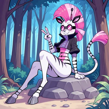 K1d_Neon(F), Solo, 1girl, anthro, furry female, tiger, goat, hybrid, white and blue fur, striped fur, black stripes, pink and blue hair, two-toned hair, mohawk, black ears, antennae, pink eyes, hooves, long tail, black goggles, black cropped jacket, short sleeves, looking at viewer, arm v, full body, smiling, sitting on rock, forest background