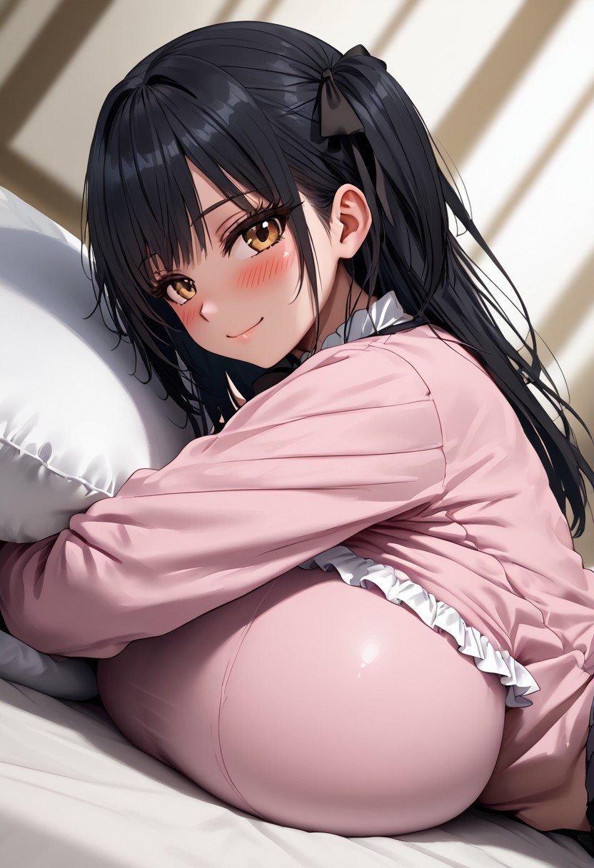 score_4,score_5,score_6,score_7_up,score_8_up,score_9 ((masterpiece,best quality,ultra detailed,highres,HD,4k:1.2)), 
1girl,solo,solo focus,girl forcus,
gigantic breasts, huge breast,Shiny Skin,covered nipples,
sside view,from side,side angle, lying,pillow,breast press,pillow hug,Prone, Sleep on your stomach,clothes lift,navel, looking at viewer,shy,shy smile,blush,
fuyuko mayuzumi, black hair,brown eyes,long hair, ((two side up)), black bow, black bowtie, black ribbon, bow, bowtie, frilled shirt, frills, jirai kei, long sleeves, neck ribbon, (pink shirt), ribbon,