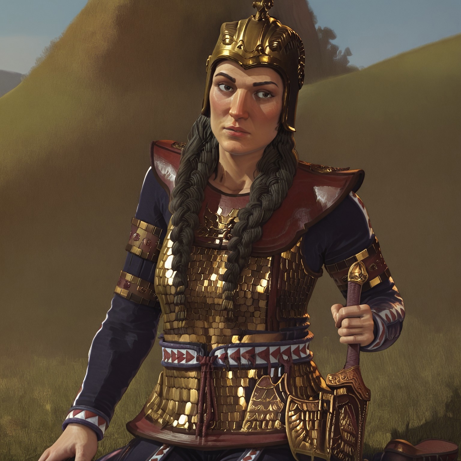 1girl, solo, tomyris, black hair, twin braids, gold helmet, cavalry armor, kneeling on a hillside, mourning