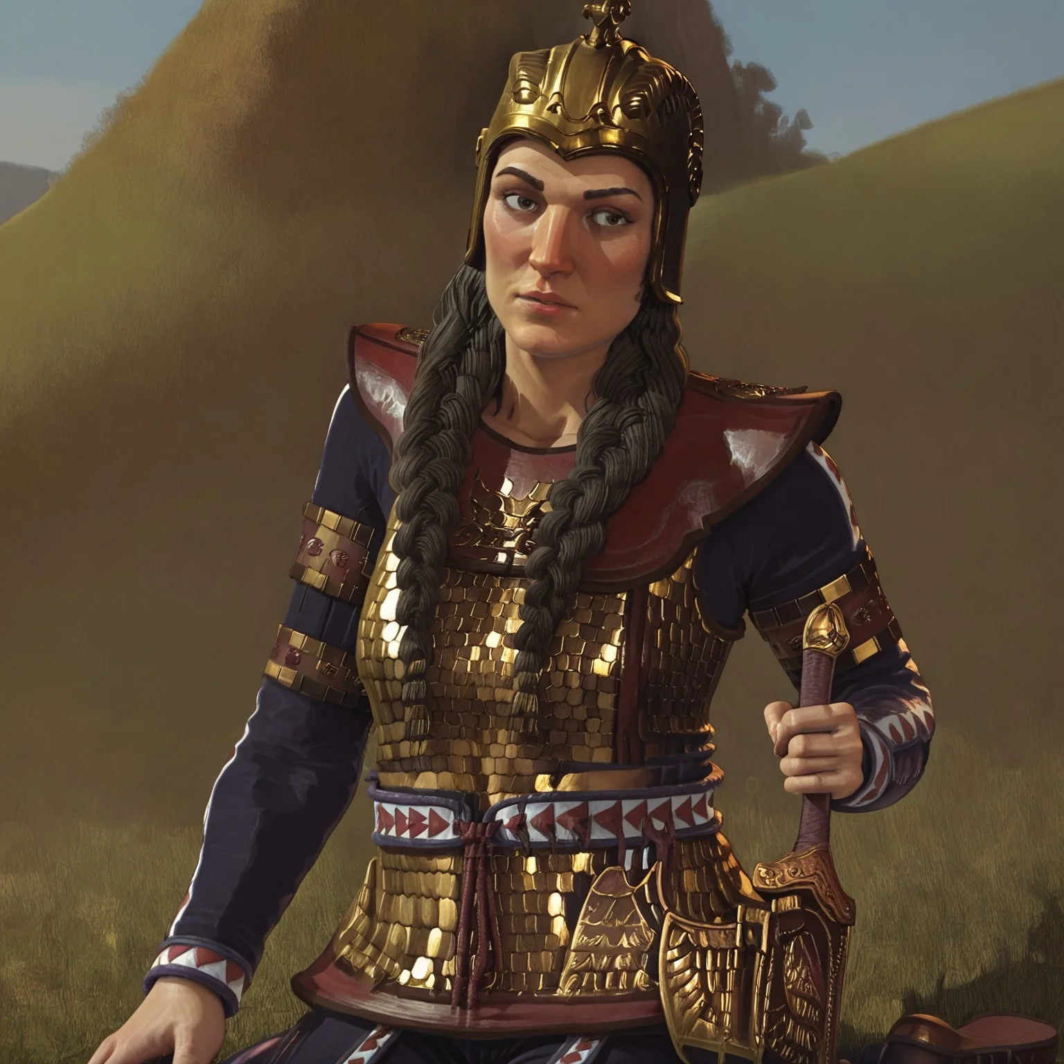 1girl, solo, tomyris, black hair, twin braids, gold helmet, cavalry armor, kneeling on a hillside, mourning