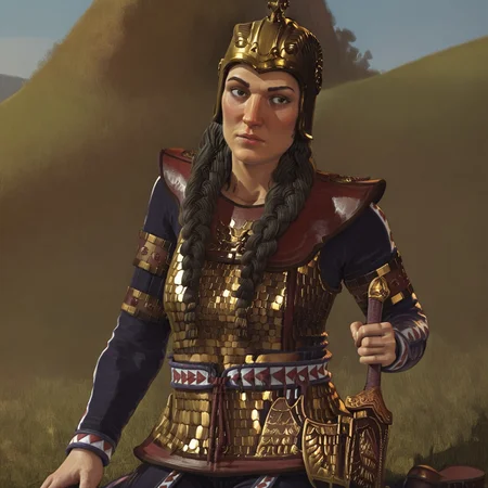 1girl, solo, tomyris, black hair, twin braids, gold helmet, cavalry armor, kneeling on a hillside, mourning