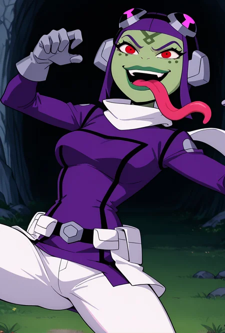 <lora:attea-07:1>, attea, green skin, 1girl, red eyes, goggles, short hair, purple hair, white scarf, purple bodysuit, purple helmet, green lips,white pants, grey gloves, short purple skirt, dynamic pose, expressive face, cartoon, screencap, evil smile, long tongue, extremely long tongue, frog tongue, open mouth, fighting pose,, masterpiece, best quality, amazing quality, very aesthetic, absurdres, newest,
