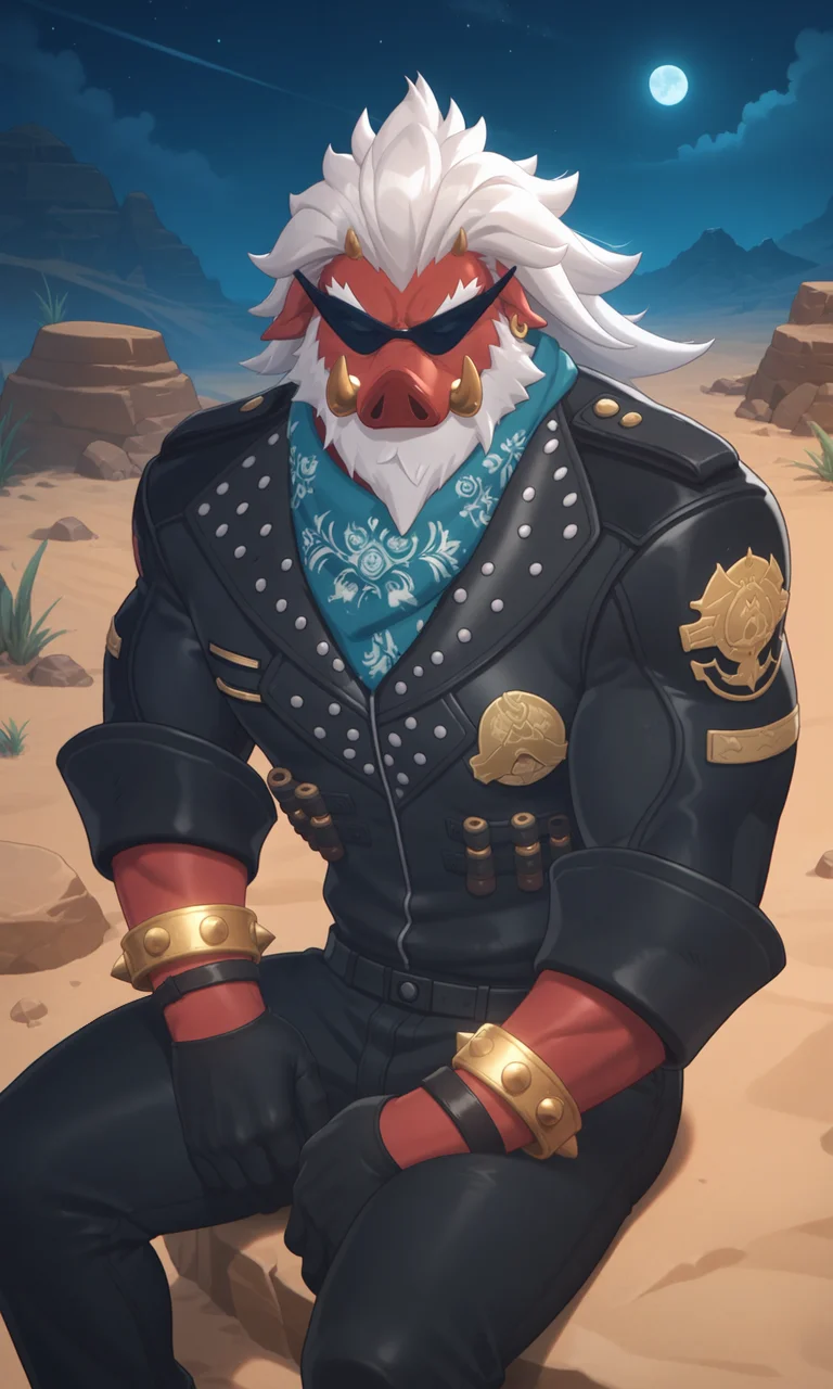 score_9, score_8_up, score_7_up, masterpiece, best quality, lots of details, (close-up), ((1boy)), furry, boar, furry male, male focus, muscular, white hair, solo, black jacket, red skin, BigDaddy, bracelet, black sunglasses, black gloves, black pants, sitting on rock, closed mouth, shaded, detailed shading, realistic shading, Expressiveh, countershading:1.1, night, night sky, desert, sand, canyon, outdoors, <lora:add-detail-xl:0.7>, <lora:Smooth Anime 2 Style SDXL_LoRA_Pony Diffusion V6 XL:0.8>, <lora:Expressive_H:0.8>, <lora:BigDaddy_XL_V10_OPT:0.9>