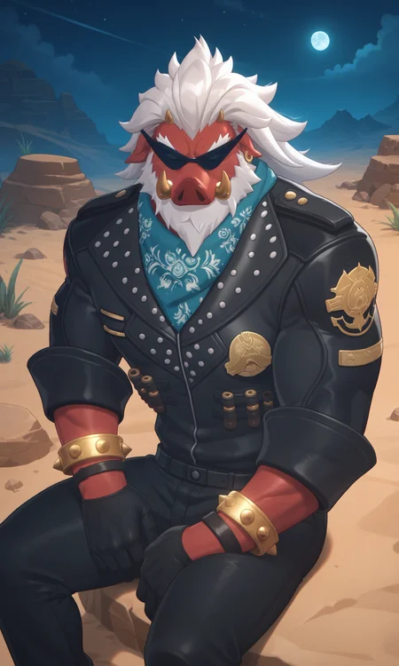 score_9, score_8_up, score_7_up, masterpiece, best quality, lots of details, (close-up), ((1boy)), furry, boar, furry male, male focus, muscular, white hair, solo, black jacket, red skin, BigDaddy, bracelet, black sunglasses, black gloves, black pants, sitting on rock, closed mouth, shaded, detailed shading, realistic shading, Expressiveh, countershading:1.1, night, night sky, desert, sand, canyon, outdoors, <lora:add-detail-xl:0.7>, <lora:Smooth Anime 2 Style SDXL_LoRA_Pony Diffusion V6 XL:0.8>, <lora:Expressive_H:0.8>, <lora:BigDaddy_XL_V10_OPT:0.9>