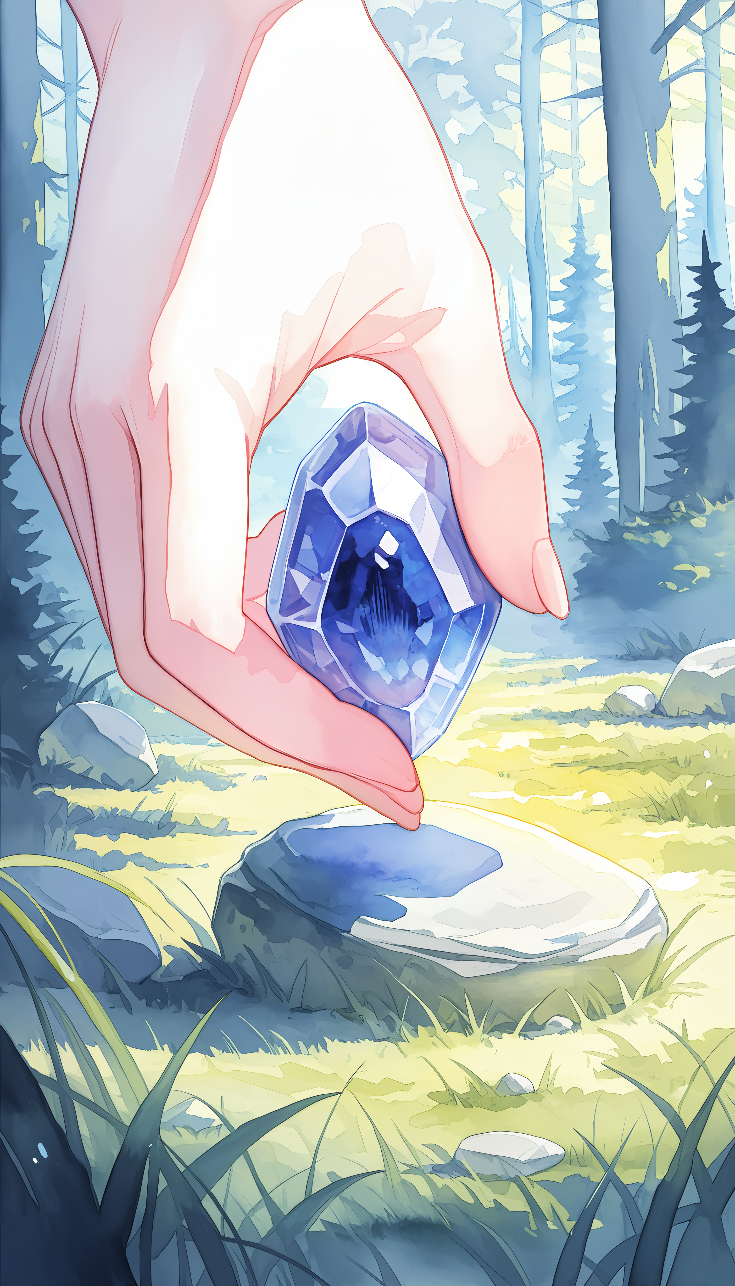 masterpiece, high quality, absurdres, best quality, newest, watercolor, painting, close up, gemstone, hand, grass, forest, stone