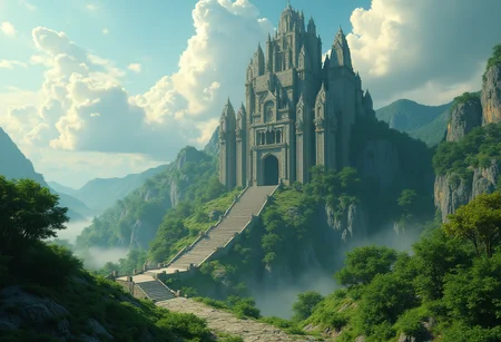 (magical fantasy world:1.7), green trees, green environment, voluminous clouds, (a magnificent giant temple:1.6), huge structures, ((stairs to the sky:1.6)), (master piece:1.5, best quality:1.5, intricate details, highres, 8K, Ultra Detailed 8K CG, ultra high res, High quality texture, High quality shadow, HDR, cinematic lighting)