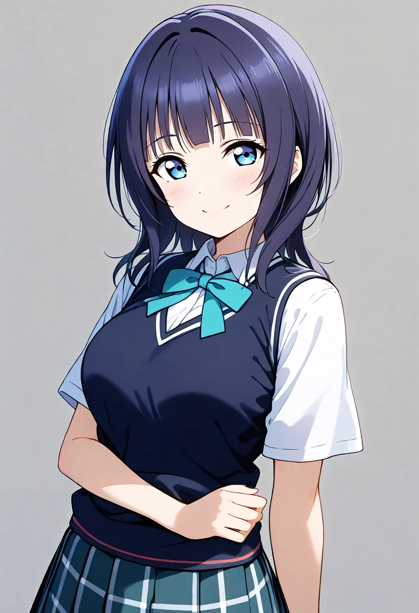score_9, score_8_up, score_7_up, source_anime,BREAK
1girl,
<lora:Hyper-SDXL-8steps-lora:1>
<lora:age_slider_v4:1>
<lora:SDXL_karin_pony721:0.8>
karin, (asaka karin),love live! nijigasaki high school idol club,blue eyes, blue hair, blunt bangs, medium hair, 
solo, large breasts,upper body, light smile, breasts, 
nijigasaki academy school uniform, short sleeves, shirt,pleated skirt, white shirt, plaid, plaid skirt,ribbon,blue ribbon, 
standing,sweater vest,black pantyhose,vest, (black vest),blue ribbon,
simple background, grey background,arms behind back,