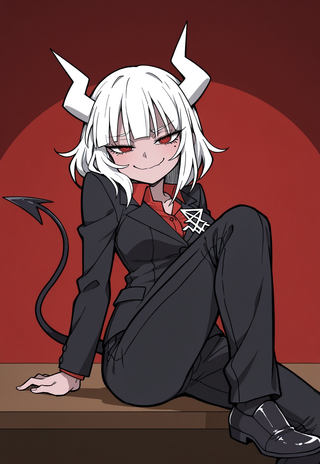 absurdres, high quality, , masterpiece, best quality, very aesthetic, amazing quality,  anime, anime style, 1girl, lucifer \(helltaker\), demon girl, short hair, white hair, horns, demon tail, red shirt, pants, jacket, smug, sitting on table, looking at viewer, mole, mesugakiyuma-chanil
