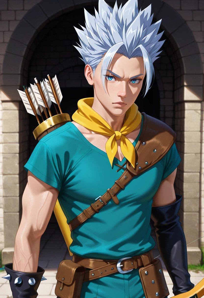 masterpiece, best quality, , (photorealistic:0.6),, 1boy, solo, male focus, <lora:arden_nnt_ilxl:0.9>, arden_nnt, grey hair, blue eyes, short hair, spiked hair, arrow \(projectile\), bow \(weapon\),