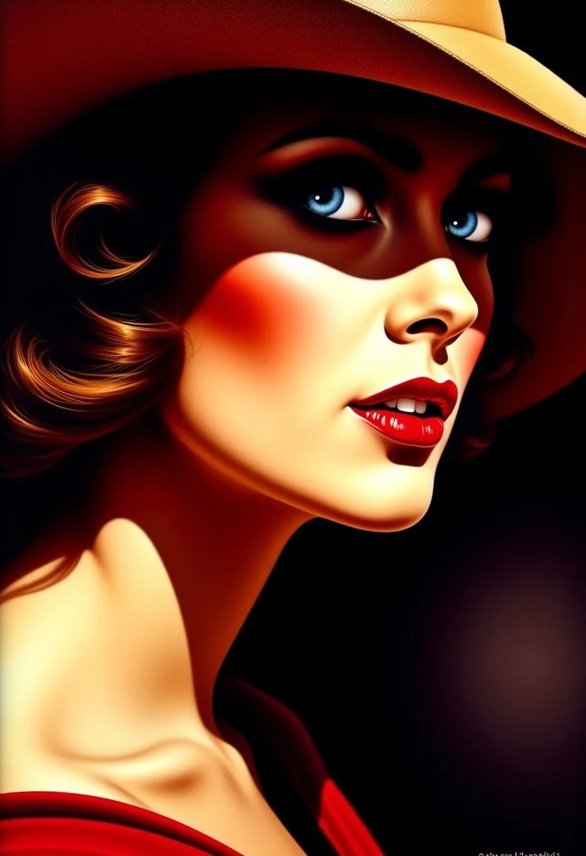 A retro-style poster of a mysterious, elegant woman with a dramatic hat and bright lipstick, glancing sideways with a shadowy art deco background, illustration in the style of BRSH