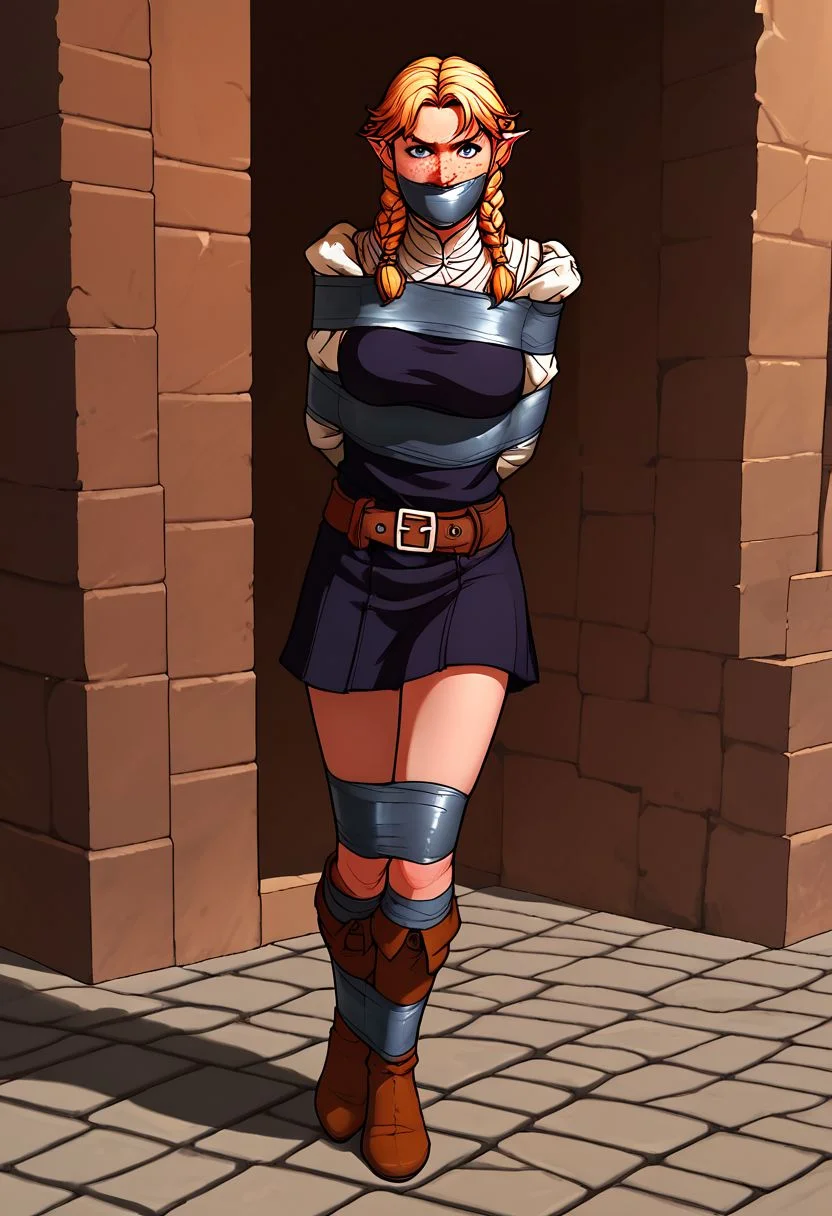 score_9, score_8_up, score_7_up, 1girl, female, dwarf, thicc, buff, beefy, stout, freckles, light blonde hair, large braids, bound arms, arms taped behind back, legs taped together, ankles taped together, bound ankles, bound legs, tape gag, tape gagged, fullbody Portrait, focus from Front, close up, tape gagged, cheek dimples, looking at viewer, shoulder, arched back, standing, cobblestone street, small bridge, outside a kingdom, fantasy, dnd