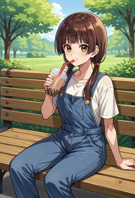 score_9, score_8_up, source_anime, 1girl, solo, HarumiTaniguchi, yellow eyes, brown hair, long hair, low twintails, blunt bangs, blunt ends, overalls, happy, outdoors, sitting, on bench, drinking, sipping, straw, bubble tea, <lora:ChamHarumiTaniguchiPonyXL:1>