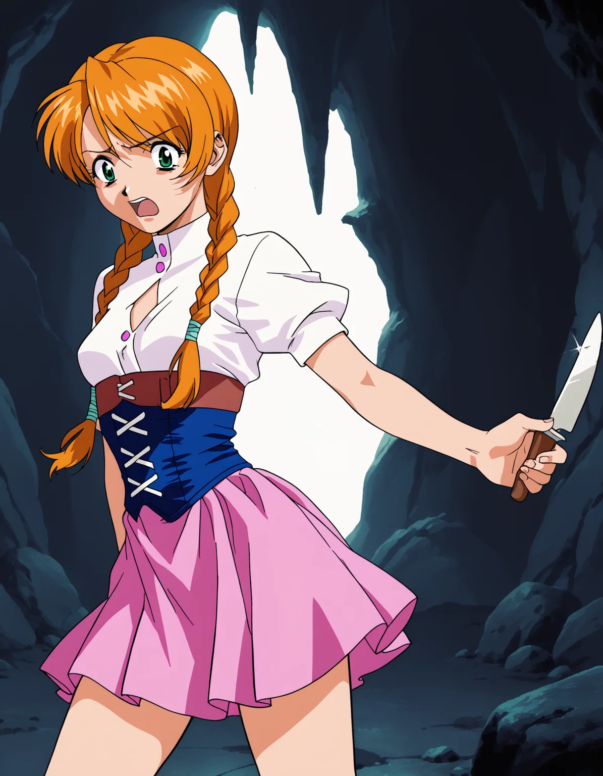 score_9, score_8_up, score_7_up <lora:jota-extend-ponyxl:0.6> 1girl, solo, jota, green eyes, orange hair, twin braids, white shirt, short sleeves, blue corset, pink skirt, knife, scared, cave, dim lighting, retro artstyle