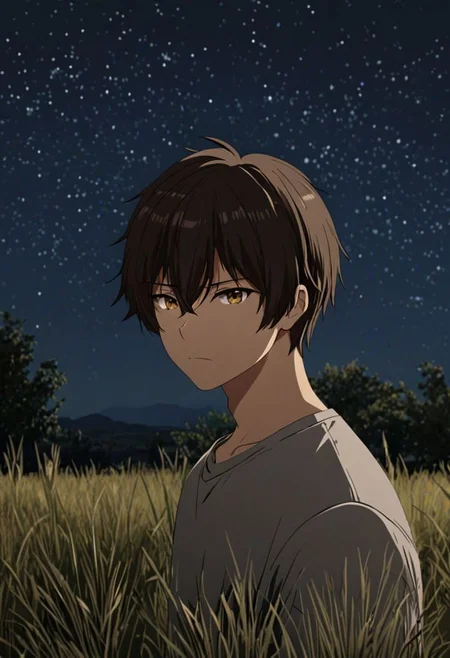 Highres, Masterpiece, High Quality, 4K, 8K, solo, 1Boy, Seiya Kanie, short dark brown hair, golden eyes, grassland, no light pollution, bush, nature, calm, peaceful, night breeze, breeze, awe, dim, easynegative, detailed_eye_model