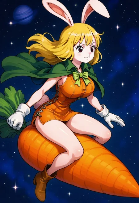 masterpiece, best quality, 1girl, solo, eyelashes, (beautiful eyes), huge breasts, official style, anime screencap,,
CarrotXLP,, blonde hair, rabbit ears, rabbit girl, furry female,, orange short dress, bare shoulders, green cape, white gloves,,
C4rr0tR1d3r, 1girl, solo, long hair, breasts, smile, gloves, surfing, oversized food, ,star (sky), space ,
