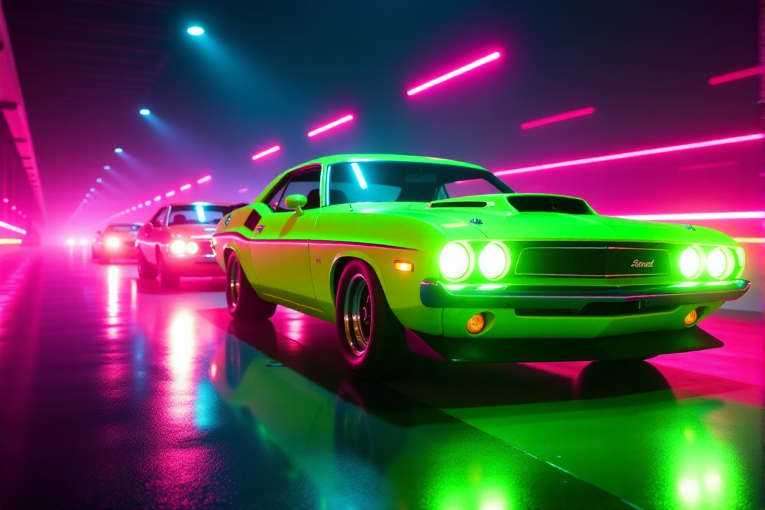 A Retro Neon Lens Flare Extravaganza of Vintage Cars, blending 1980s aesthetics with dazzling light effects. Employ bold lime green and hot pink neon hues to amplify the dynamic and energetic vibeâââ